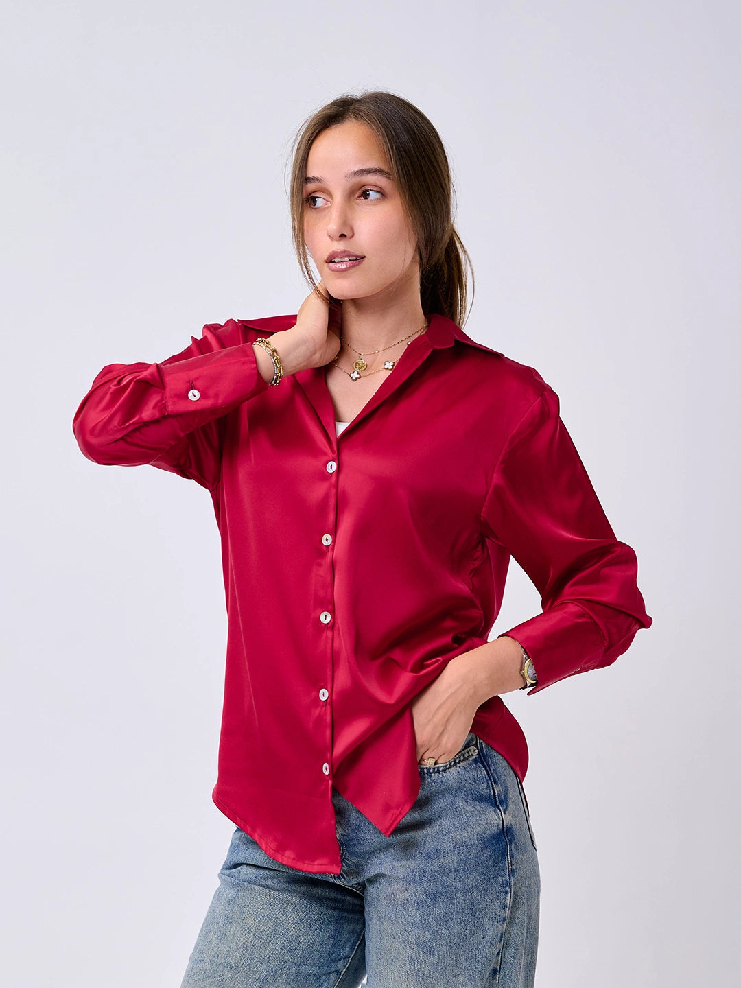 Satin Shirt-Cherry red