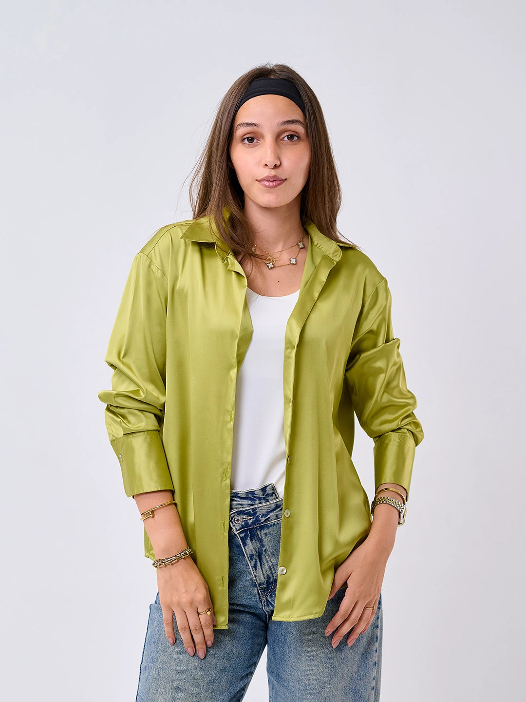 Satin Shirt-Lemon green