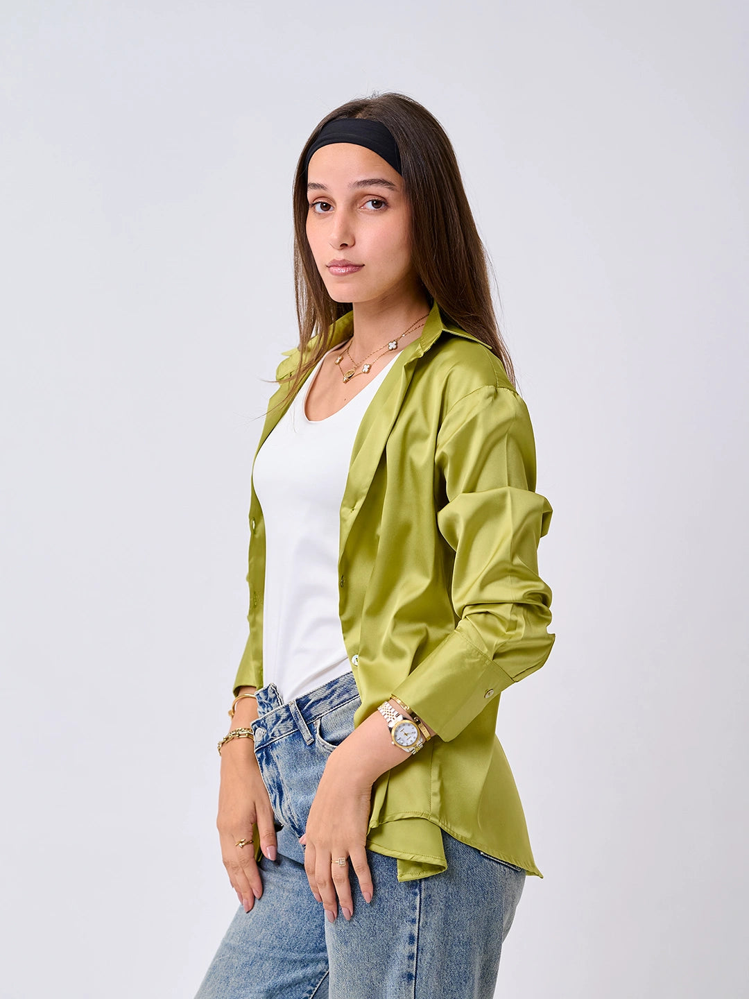 Satin Shirt-Lemon green