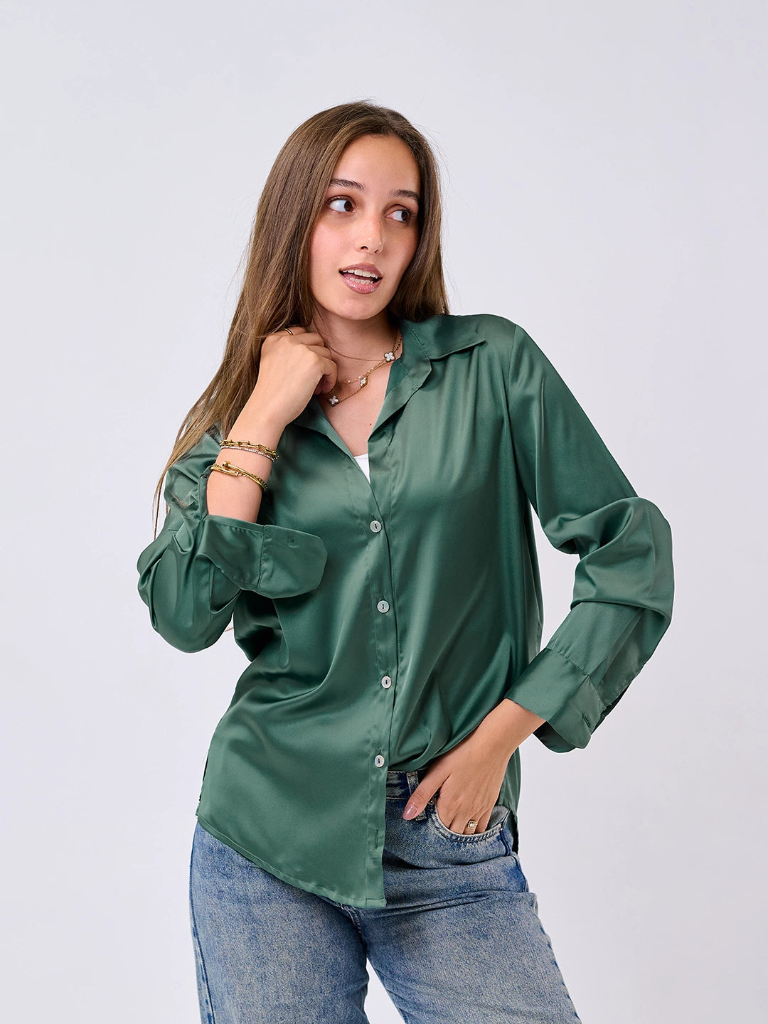 Satin Shirt-Emerald Green