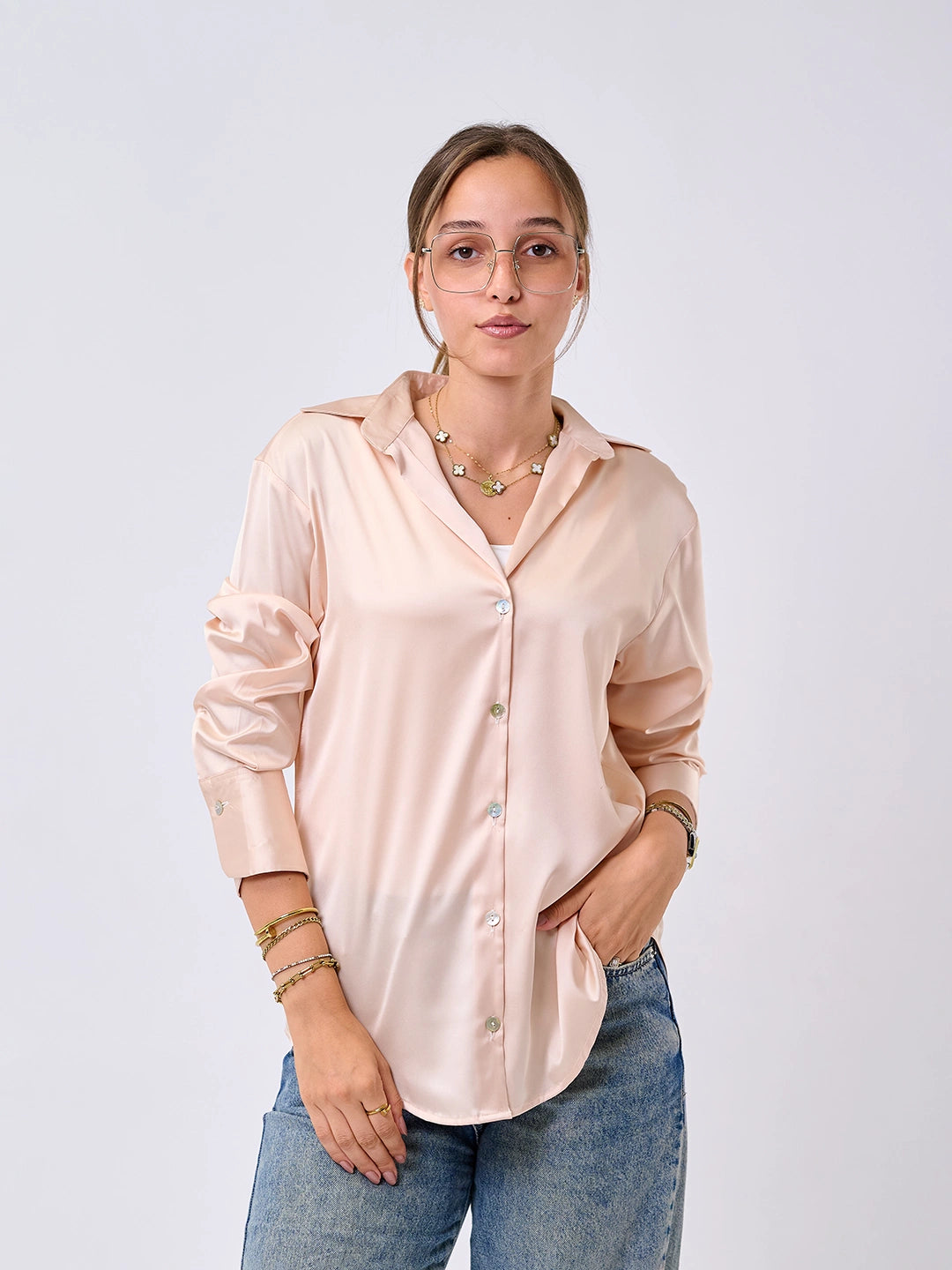 Satin Shirt-Light beige