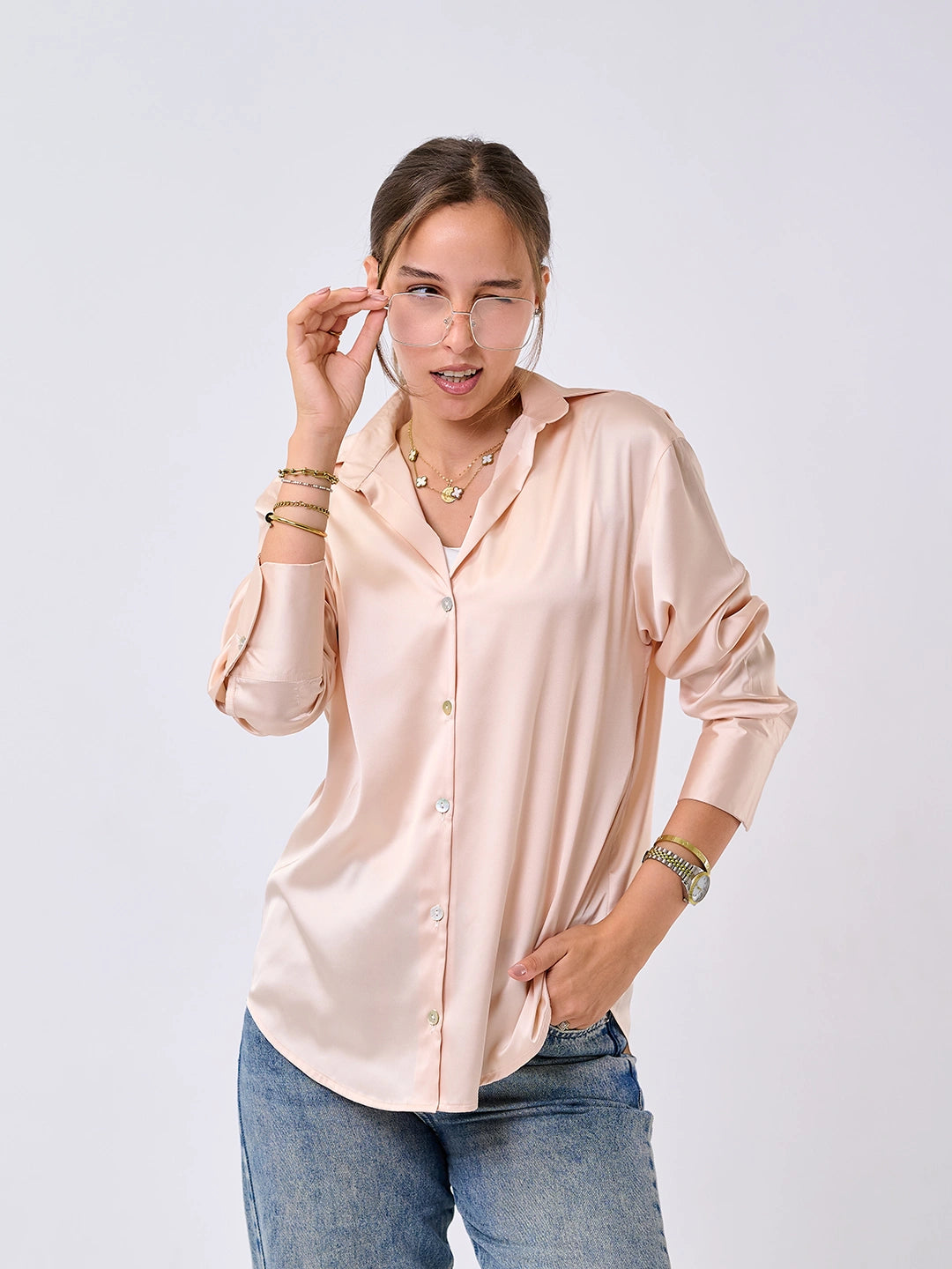 Satin Shirt-Light beige