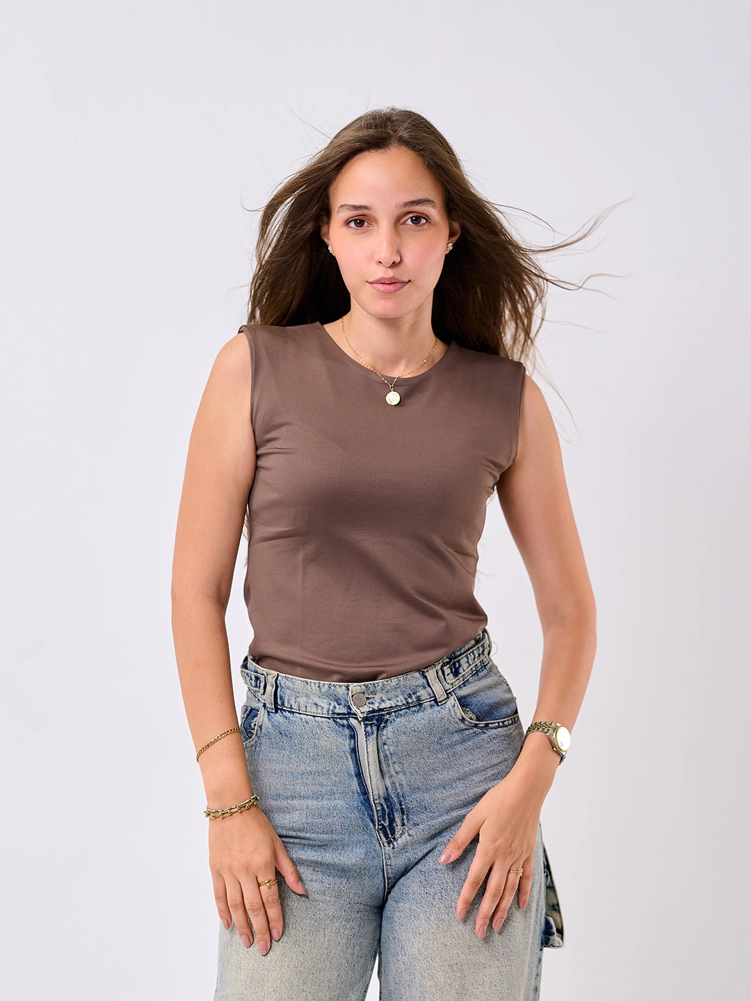 Basic Cap Sleeve Top-Brown