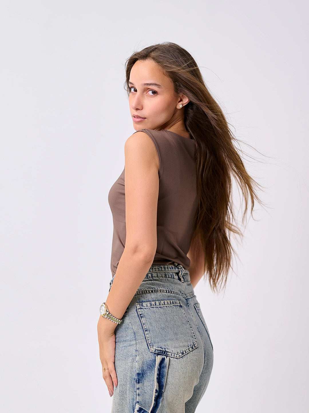 Basic Cap Sleeve Top-Brown