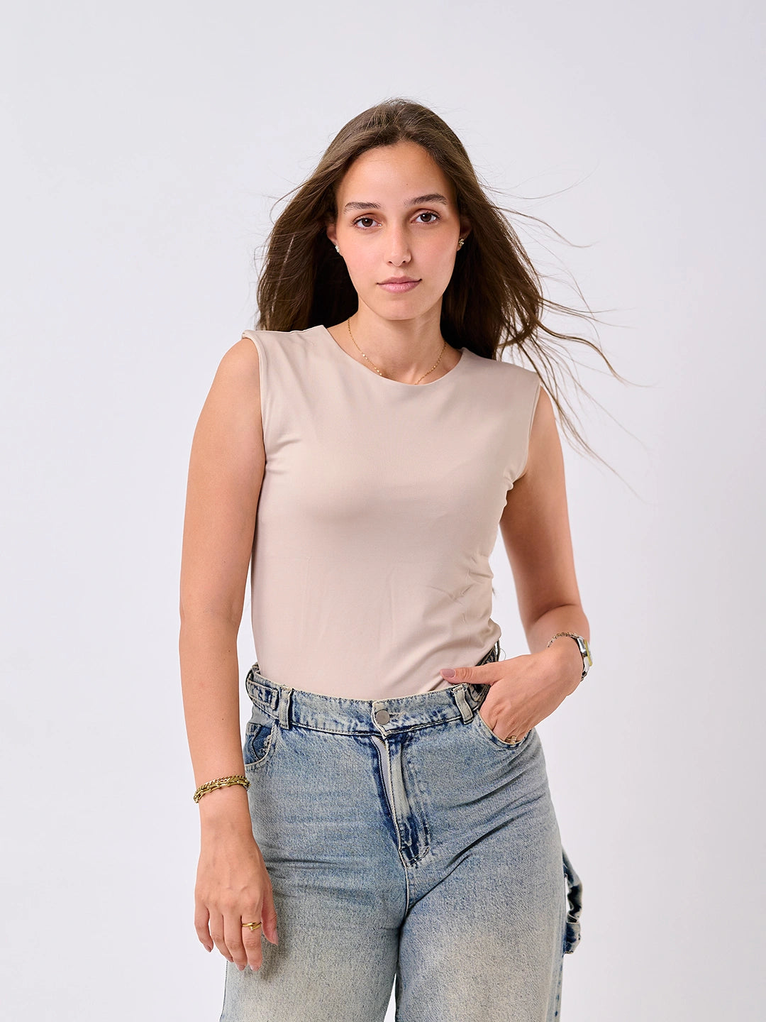 Basic Cap Sleeve Top-Beige